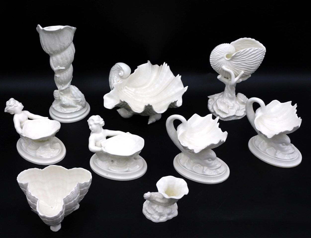 Royal Worcester Bone China Lot by Blanc-de-Chine. Nautical Shell Design Collection. Late 19th Century.