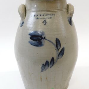 L&B.G. Chace Somerset Four Gallon Ovoid Stoneware Churn with Blue Floral Decorations