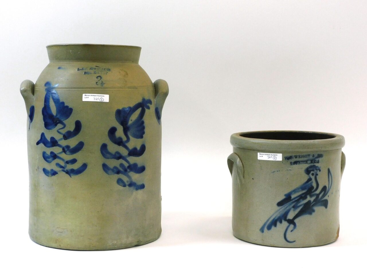 19th c. Stoneware Crocks by L&B.G. Chace Somerset & F.T. Wright & Son