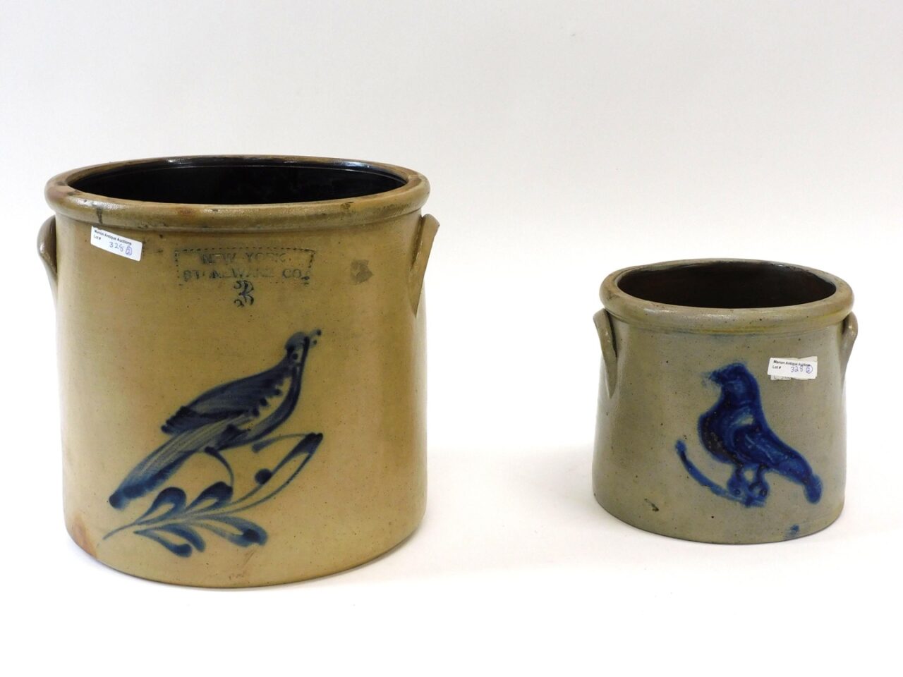 Two Blue Decorated Stoneware Crocks by New York Stoneware Company