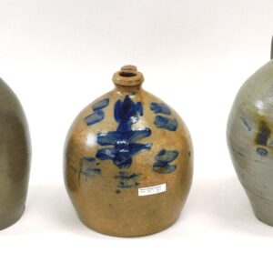 Three Blue Floral Decorated 19th c. One to Two Gallon Shouldered And Ovoid Jugs by Unknown Artist