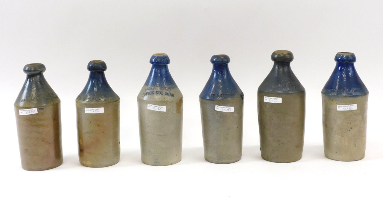 Ira Harvey Blue Shouldered Stoneware Beer Bottles