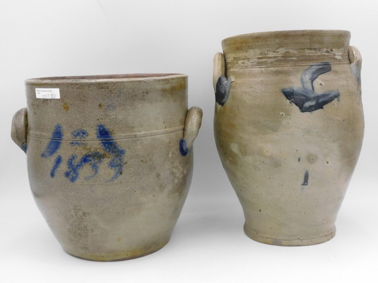 Two Ovoid Stoneware Handled Crocks with Cobalt Blue Decoration