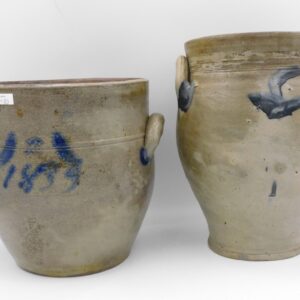 Two Ovoid Stoneware Handled Crocks with Cobalt Blue Decoration