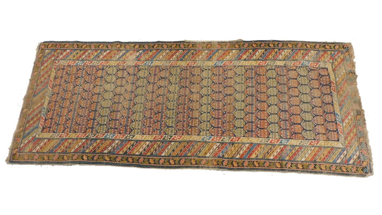 Antique Caucasian Runner by Unknown Artist. Botek Design. Geometric. Multiple Borders. 104" x 43". Moderate Wear