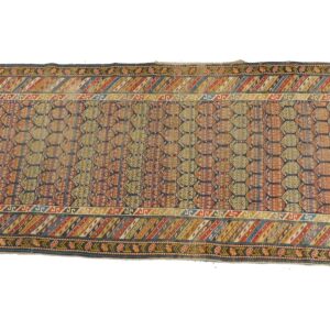 Antique Caucasian Runner by Unknown Artist. Botek Design. Geometric. Multiple Borders. 104" x 43". Moderate Wear