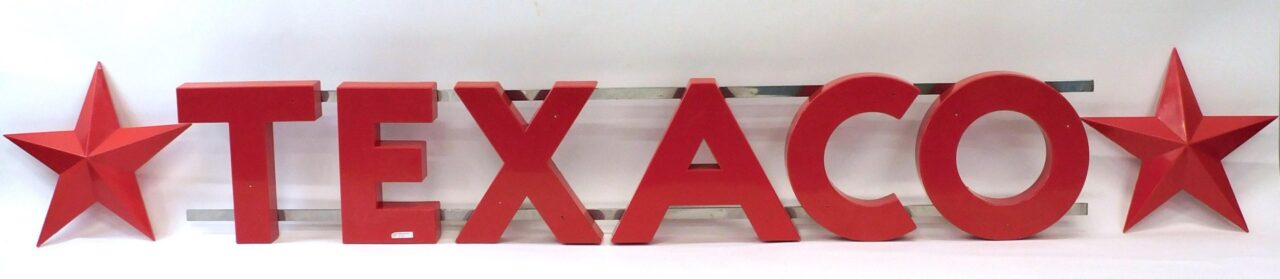 Vintage Texaco Sign with Red Plastic Letters and Stars on Chrome Rails