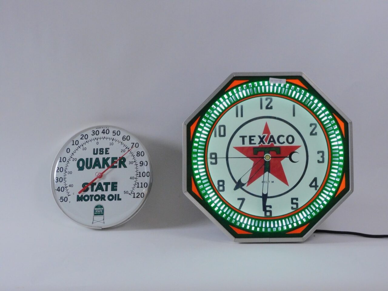 Vintage Texaco Clock and Quaker State Thermometer