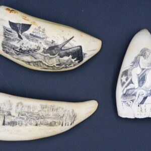 Three Contemporary Scrimshaw Sperm Whale Teeth by Burman: Country Scene