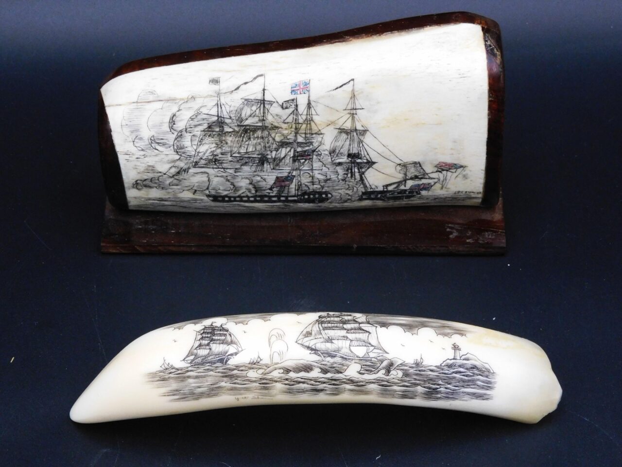 Contemporary Scrimshaw Naval Battle Scene and Whales on Hippo Tooth. Illegibly Artist Signed. 20th Century. Massachusetts Pickup Only