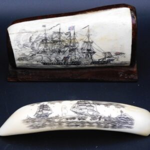 Contemporary Scrimshaw Naval Battle Scene and Whales on Hippo Tooth. Illegibly Artist Signed. 20th Century. Massachusetts Pickup Only