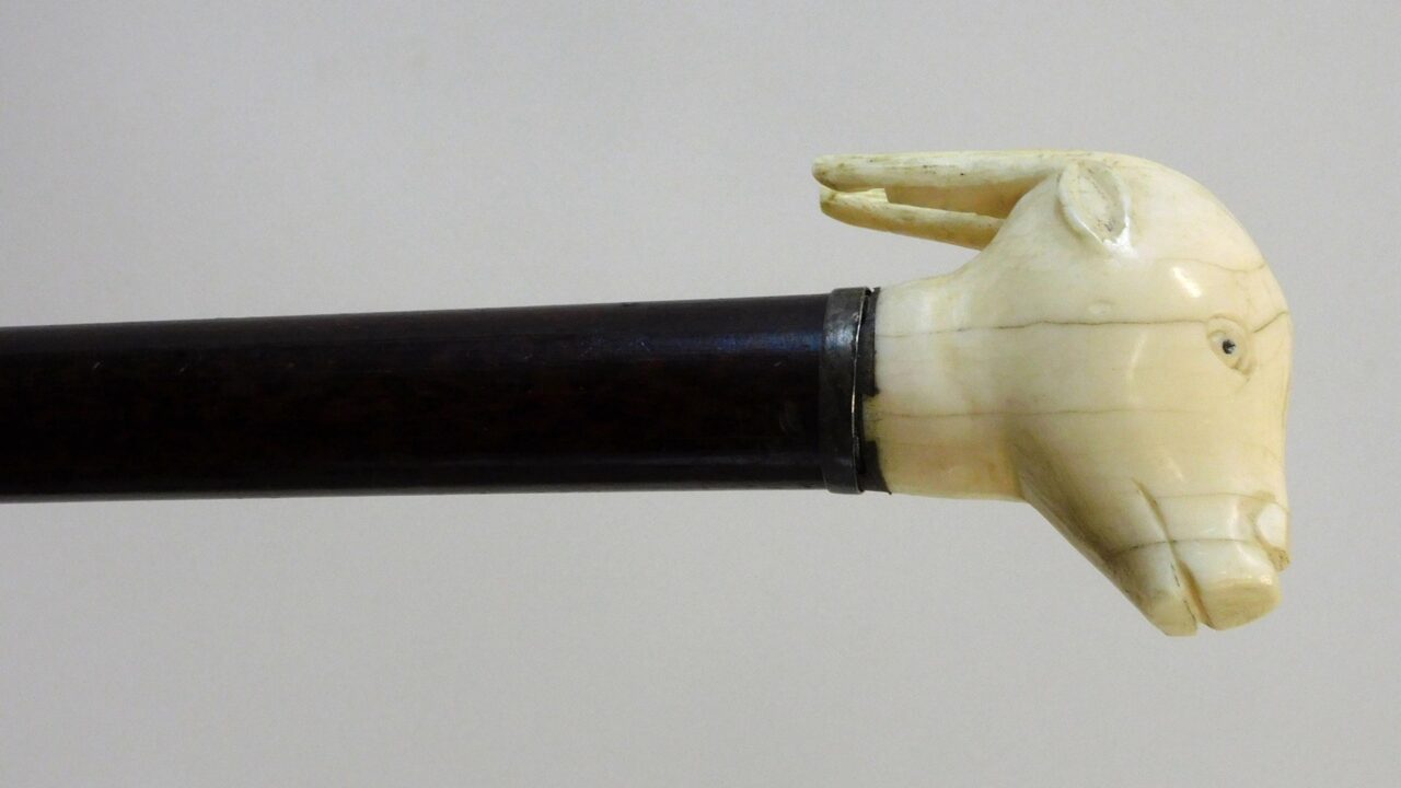 19th c. Walking Stick with Carved Bone Figural Goat Head by Unknown Artist