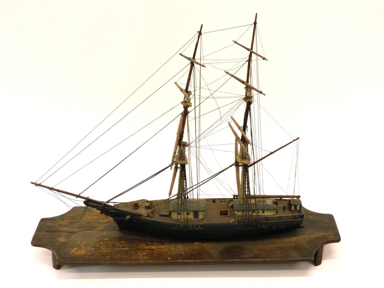 Handmade Wooden Ship Model of Maine Coastal Brig. Late 19th c. Waterline Cradle Mount by Unknown Artist.