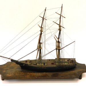 Handmade Wooden Ship Model of Maine Coastal Brig. Late 19th c. Waterline Cradle Mount by Unknown Artist.