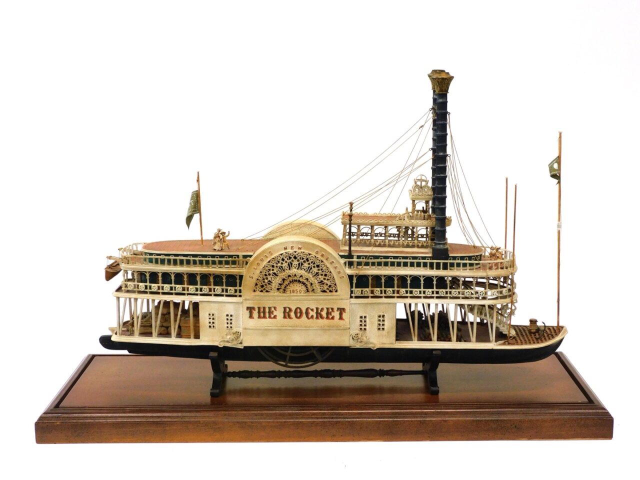 Handmade Sidewheel River Steamboat Model by Unknown Artist. Early 20th c. Original painted finish. Intricately detailed construction.