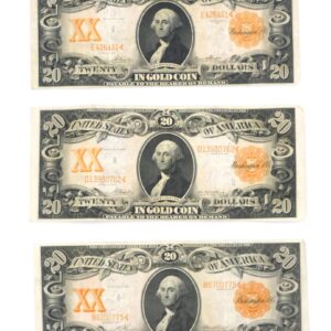 Three 1906 $20 Gold Certificates by Unknown Artist. Circulated condition. Serial numbers: E426451