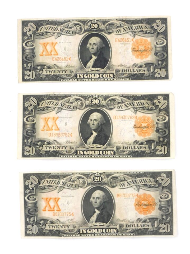 Three 1906 $20 Gold Certificates by Unknown Artist. Circulated condition. Serial numbers: E426451