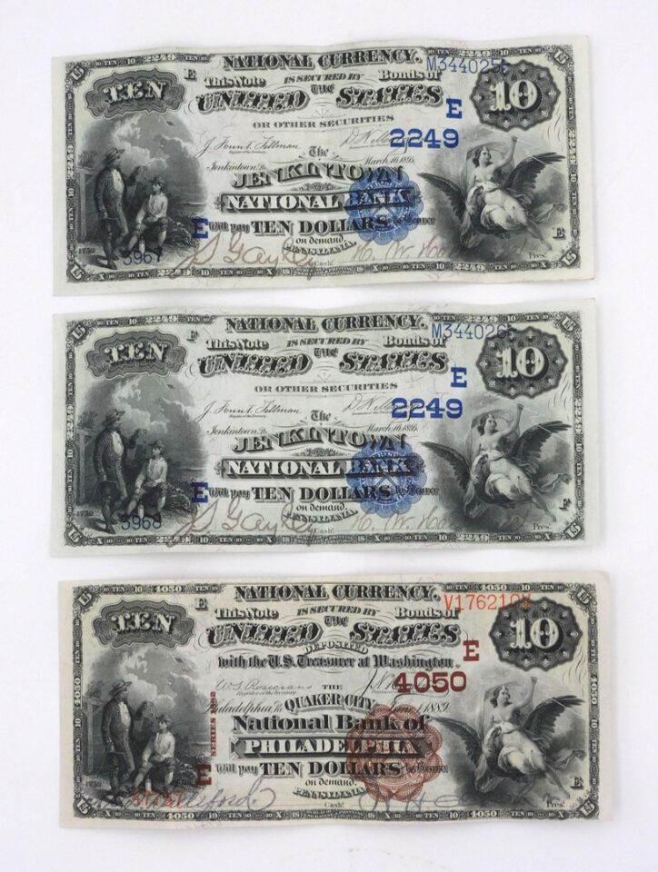 Unknown Artist. (3) National Currency $10 Notes. 1889 Quaker City