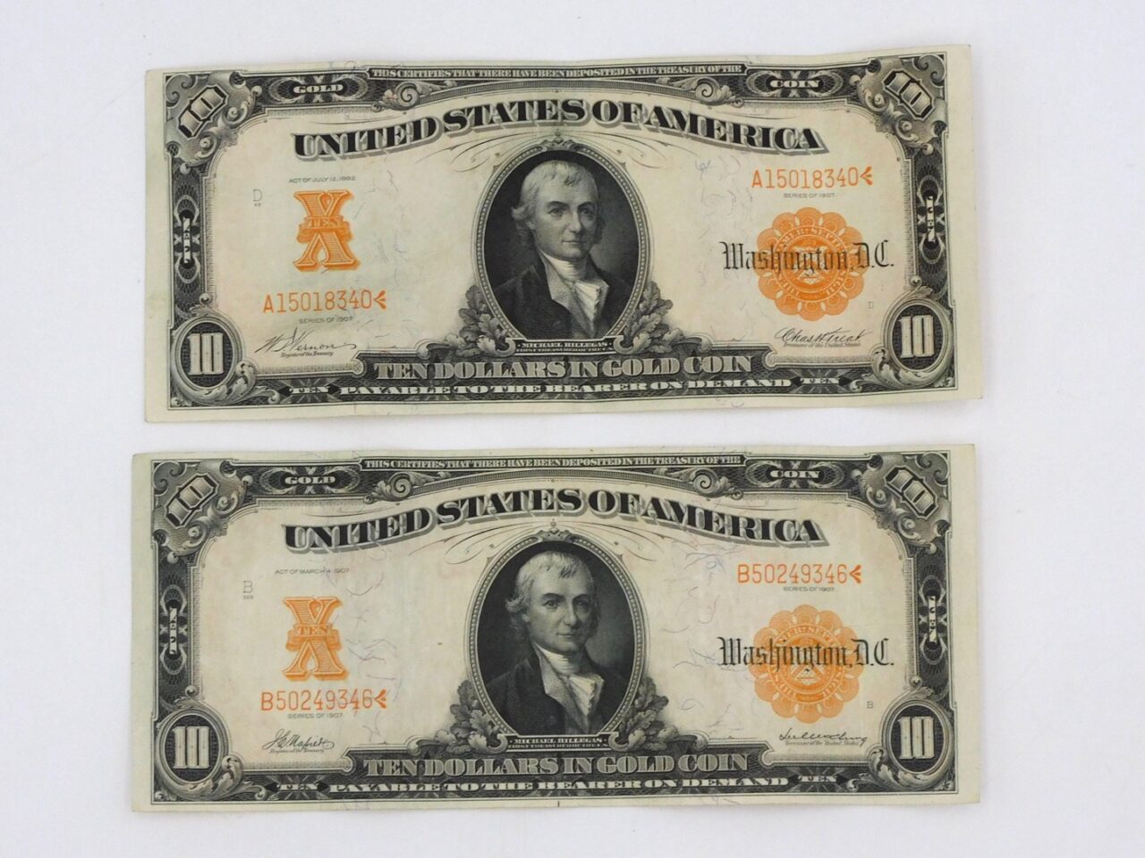 Augustus Saint-Gaudens $10 Gold Certificates 1907 Series - Pair of Bills in Very Good Condition - 3 1/8" x 7 3/8"