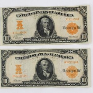 Augustus Saint-Gaudens $10 Gold Certificates 1907 Series - Pair of Bills in Very Good Condition - 3 1/8" x 7 3/8"