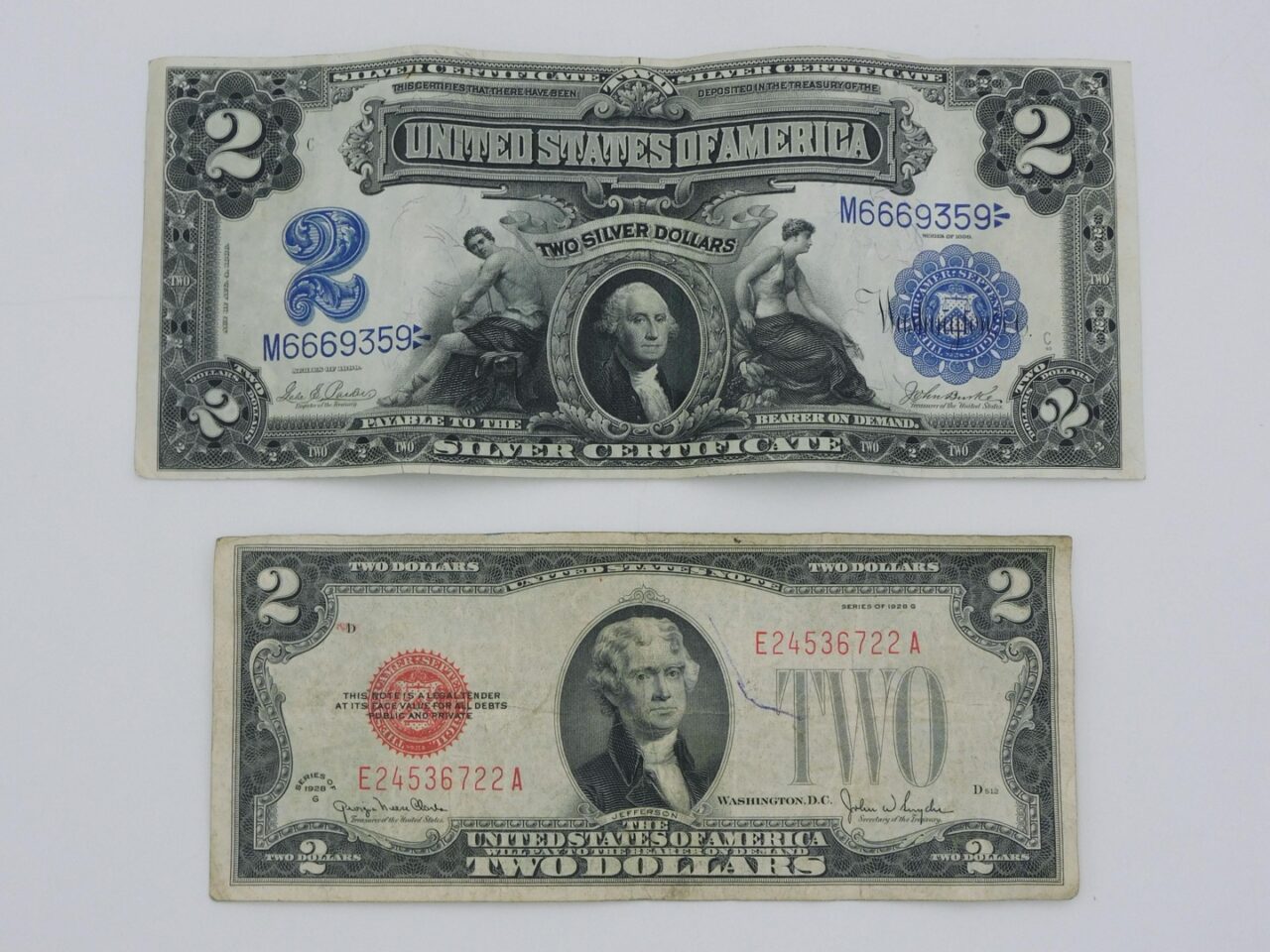 Charles E. Barber. Pair of $2 U.S. Bills. 1899 mini portrait silver certificate and 1928G red seal.