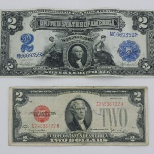 Charles E. Barber. Pair of $2 U.S. Bills. 1899 mini portrait silver certificate and 1928G red seal.