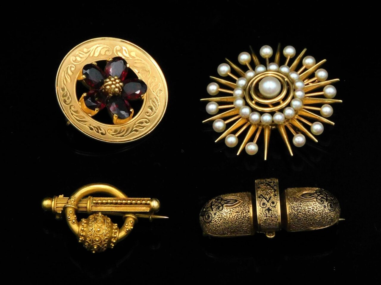 Victorian 14K Gold Brooch Pins with Pearls and Garnets