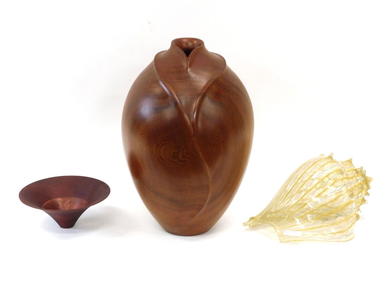 Nathan Hart Redwood Vase & Roger Bennett Turned Beech Bowl in Auction. Italian Glass Shell Included.