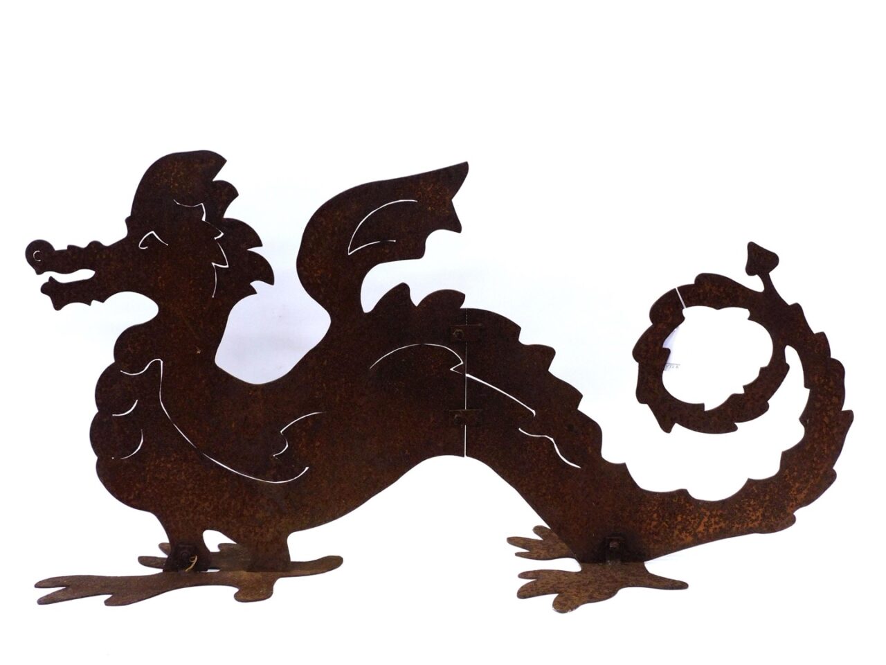 Dragon Sculpture by Unknown Artist. Late 20th c. Cut sheet steel; Two part construction with bolted on feet.