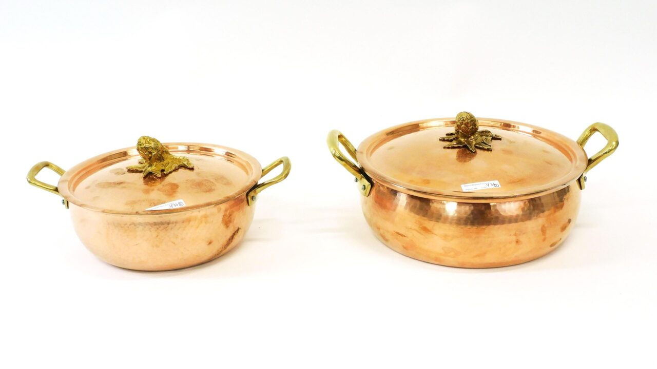 Italian Ruffoni Historia Hammered Copper Braising Pans with Brass Artichoke Finials