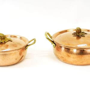 Italian Ruffoni Historia Hammered Copper Braising Pans with Brass Artichoke Finials