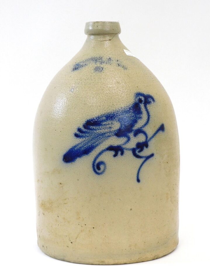 J. North & Co. 19th c. Stoneware Jug with Blue Cobalt Bird Decoration and Repair to Snout