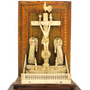 Napoleonic Prisoner Of War Devotional Altar by Unknown Artist. Early 19th c. Bone and Straw Calvary Altar Scene.