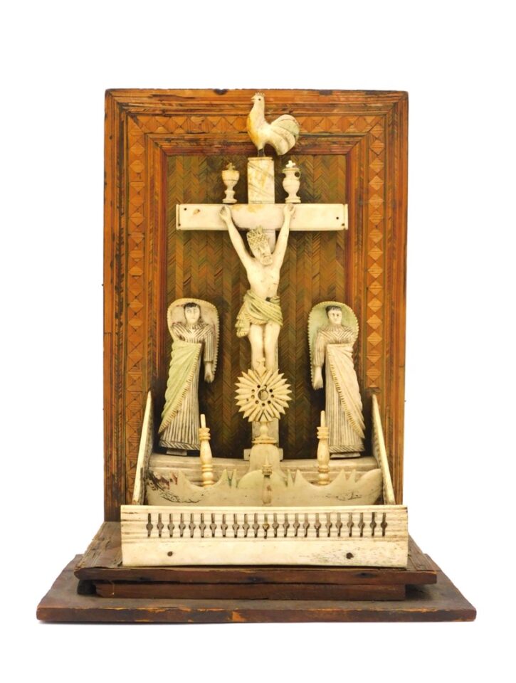 Napoleonic Prisoner Of War Devotional Altar by Unknown Artist. Early 19th c. Bone and Straw Calvary Altar Scene.