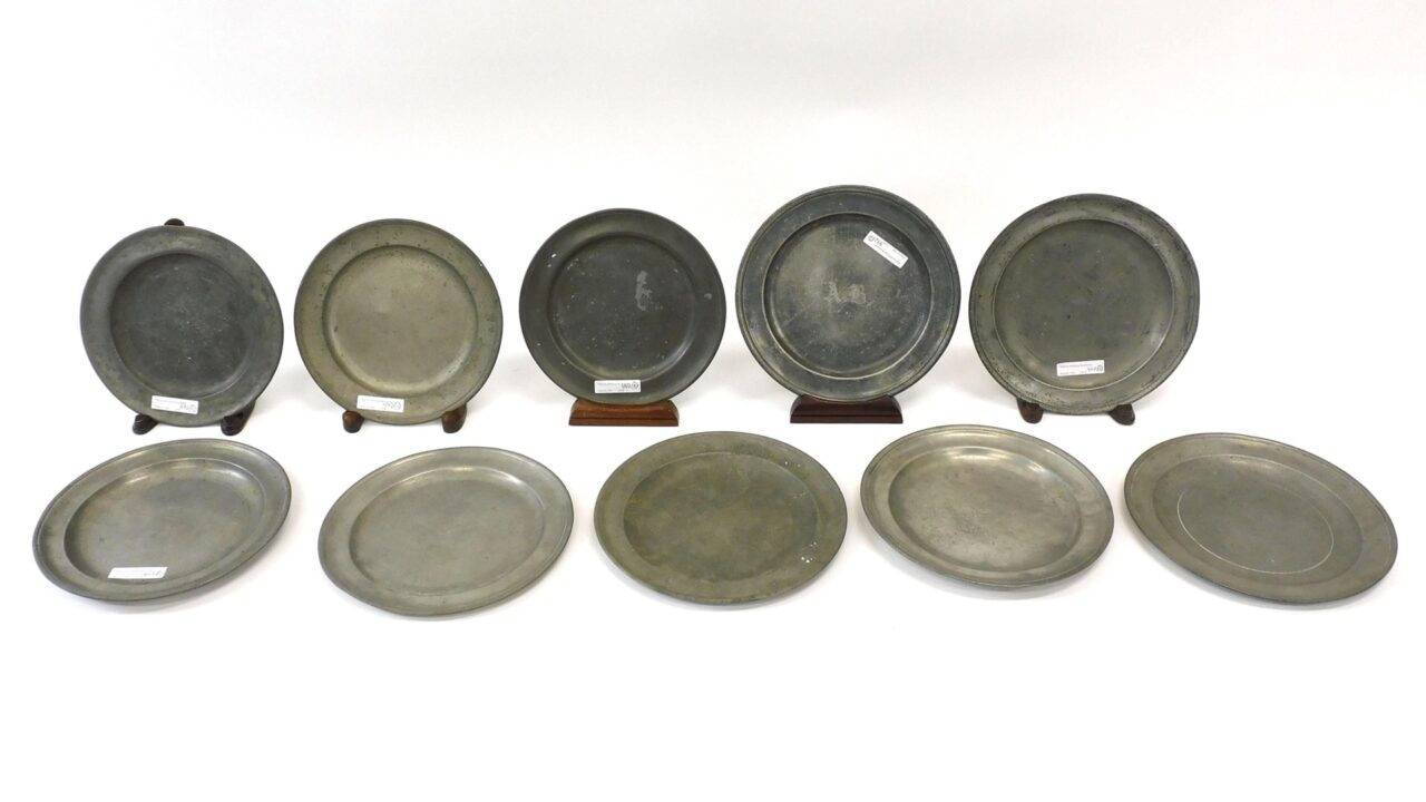 American Pewter Plates by Various Artists. Late 18th to early 19th c. Age-appropriate wear