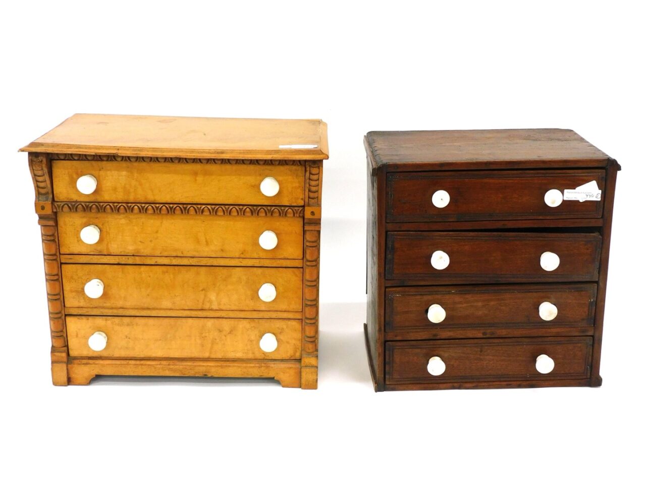 Pair of Miniature Four-Drawer Chests by Unknown Artist. 19th c. Maple and Walnut with Carved Trim and Porcelain Pulls.