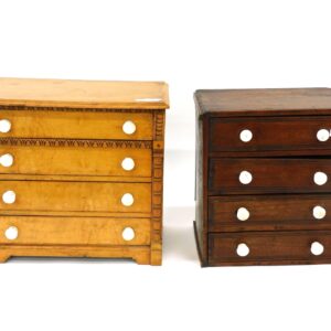 Pair of Miniature Four-Drawer Chests by Unknown Artist. 19th c. Maple and Walnut with Carved Trim and Porcelain Pulls.