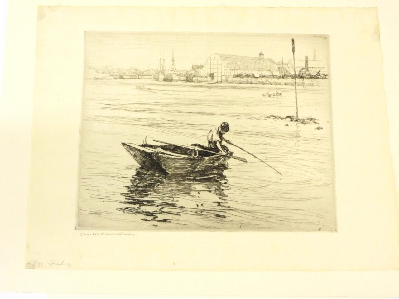 Charles Herbert Woodbury (1864-1940) "Fishing" Dry Point Etching