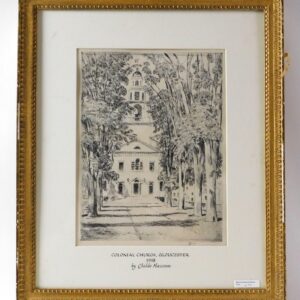 Childe Hassam lithograph "Colonial Church Gloucester" 1918 in auction catalog.