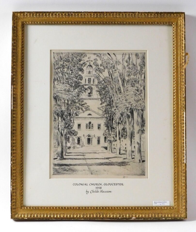 Childe Hassam lithograph "Colonial Church Gloucester" 1918 in auction catalog.