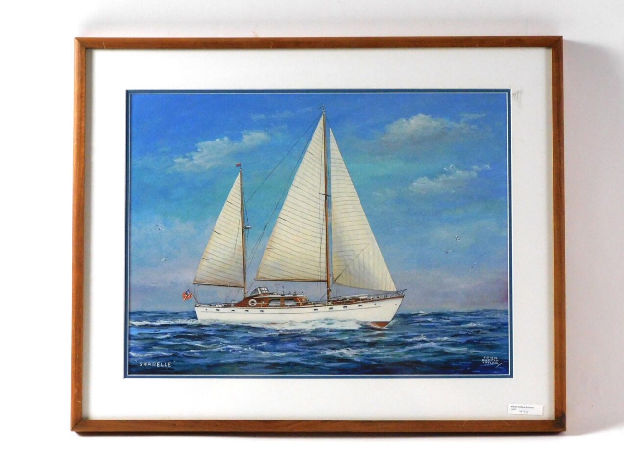 John Austin Taylor (20th C New York) Watercolor "Sharelle" 20th C Sailing Yacht Scene.