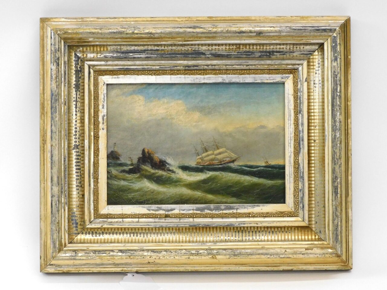 Clement Drew. "Lighthouse and Ship in Rough Sea" 1877 Oil Painting on Canvas in Gilt Frame.