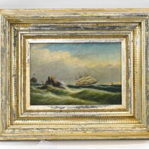 Clement Drew. "Lighthouse and Ship in Rough Sea" 1877 Oil Painting on Canvas in Gilt Frame.