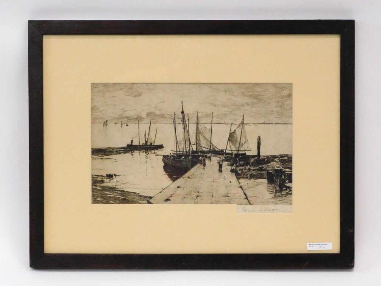 Charles Adams Platt (1861-1933) Etching of Dockyard Scene with Figures and Boats