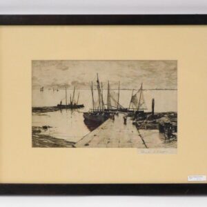 Charles Adams Platt (1861-1933) Etching of Dockyard Scene with Figures and Boats