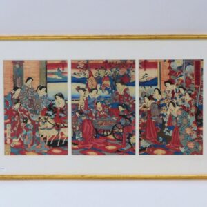 Chikanobu - Meiji Period Triptych "Crown Prince Entertainment" Wood Block Print.