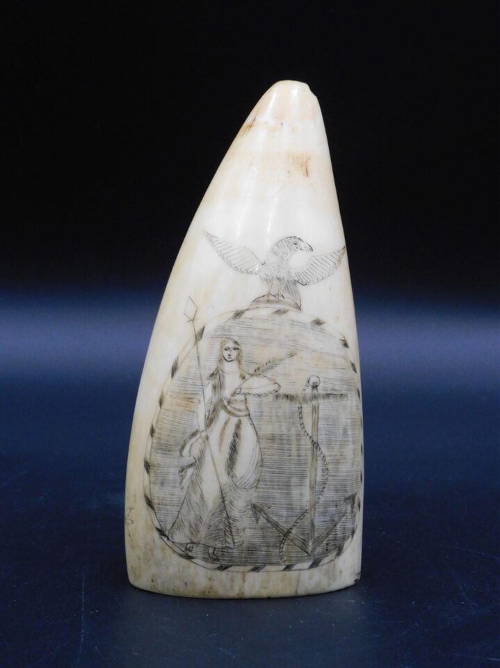 19th c. Scrimshaw Sperm Whale Tooth with American Eagle and Massachusetts State Seal by Unknown Artist