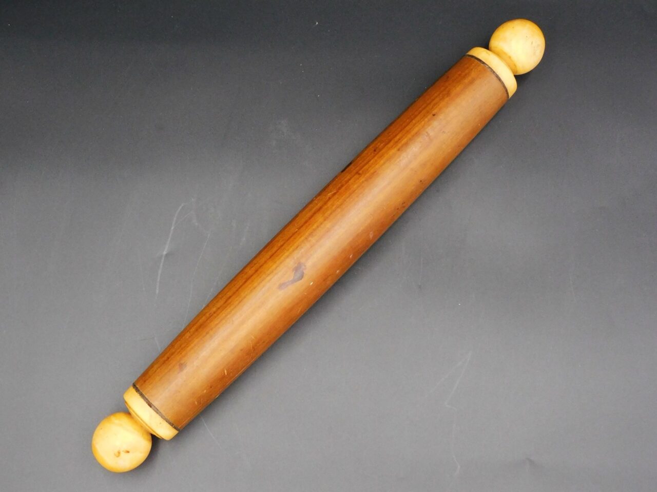 19th c. Scrimshaw Rolling Pin with Sperm Whale Tooth Handles by Unknown Artist