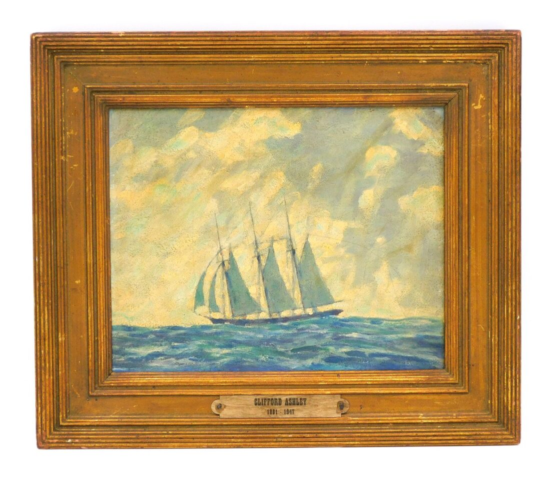 Clifford Warren Ashley (1881-1947) Three Masted Ship Oil Painting