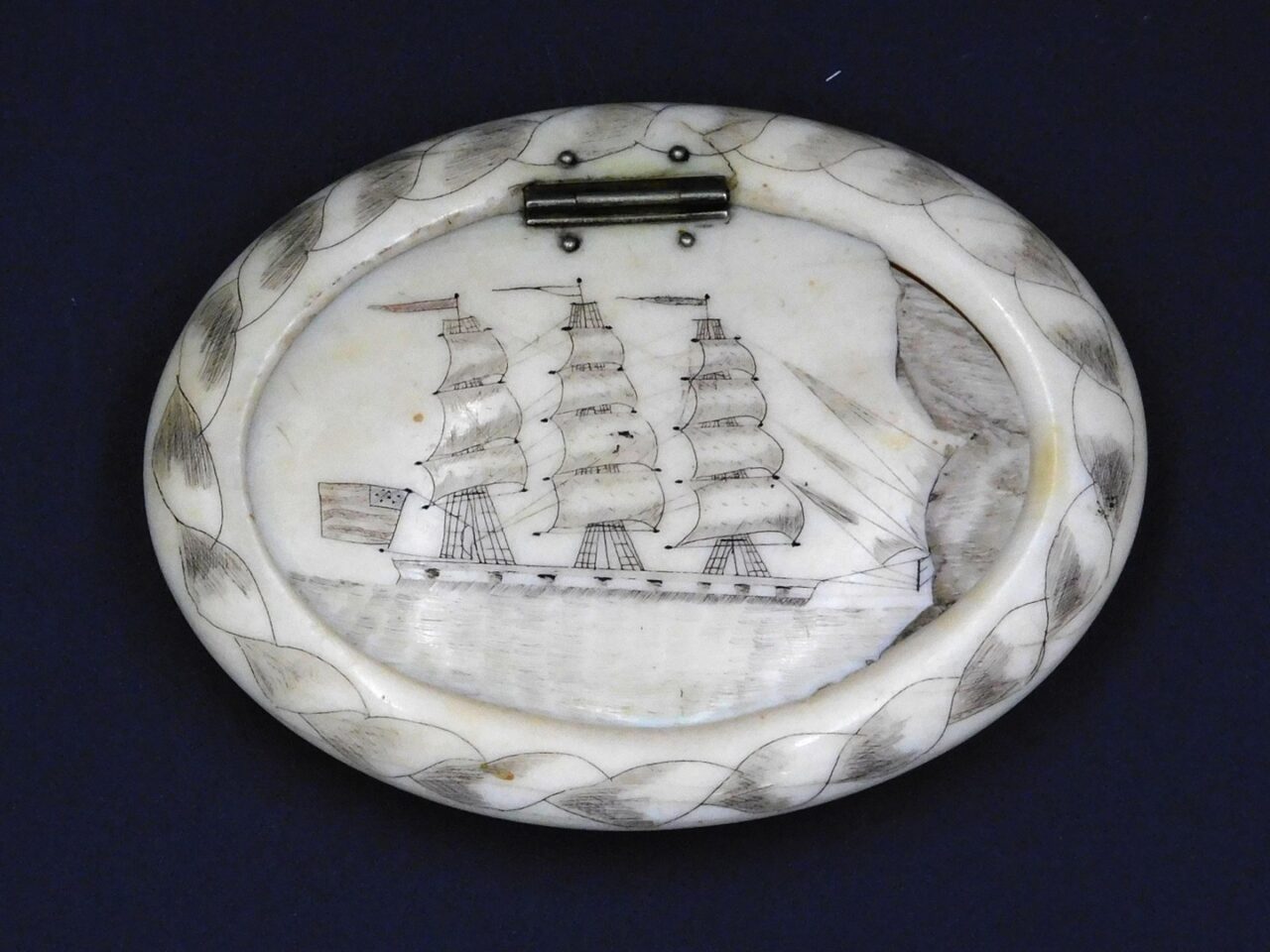 19th c. Scrimshaw Snuff Box with American Ship and Union Shield.